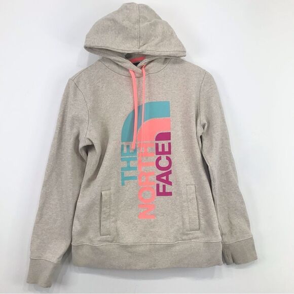 The North Face Light Gray Colorful Logo Hooded Pullover Sweatshirt - Picture 1 of 16